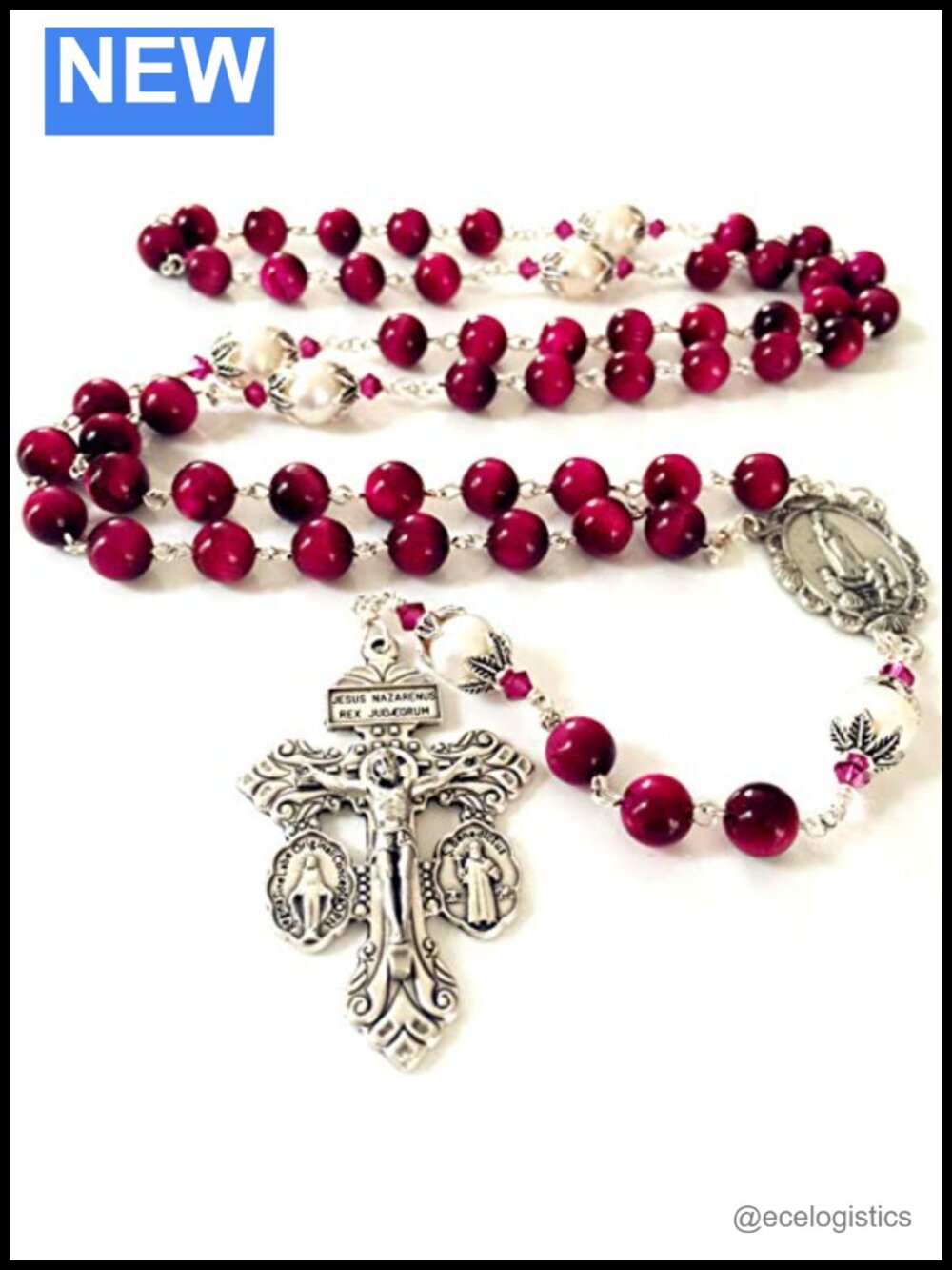 Tiger Eye Sterling Silver Pearl Rosary Cross Necklace Catholic Gift Box
